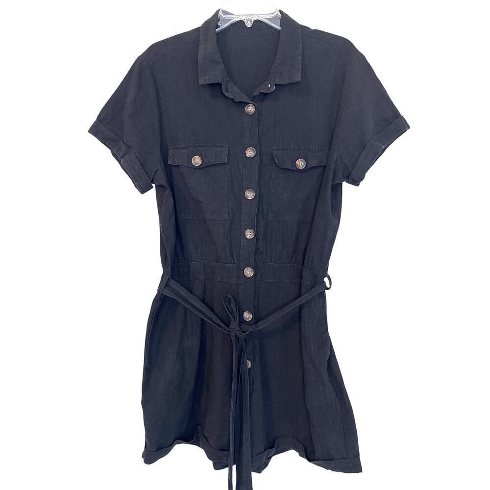 One Piece Women's Black Romper Shorts Belt Tie Button Up With Pockets Size XL